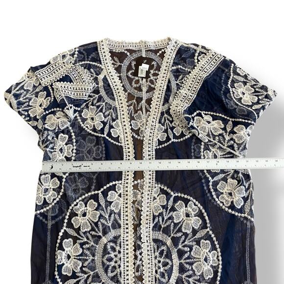 Janice Apparel NWT Vintage Style Navy Blue Embroidered Lace Kimono OS Boho - Picture 3 of 10